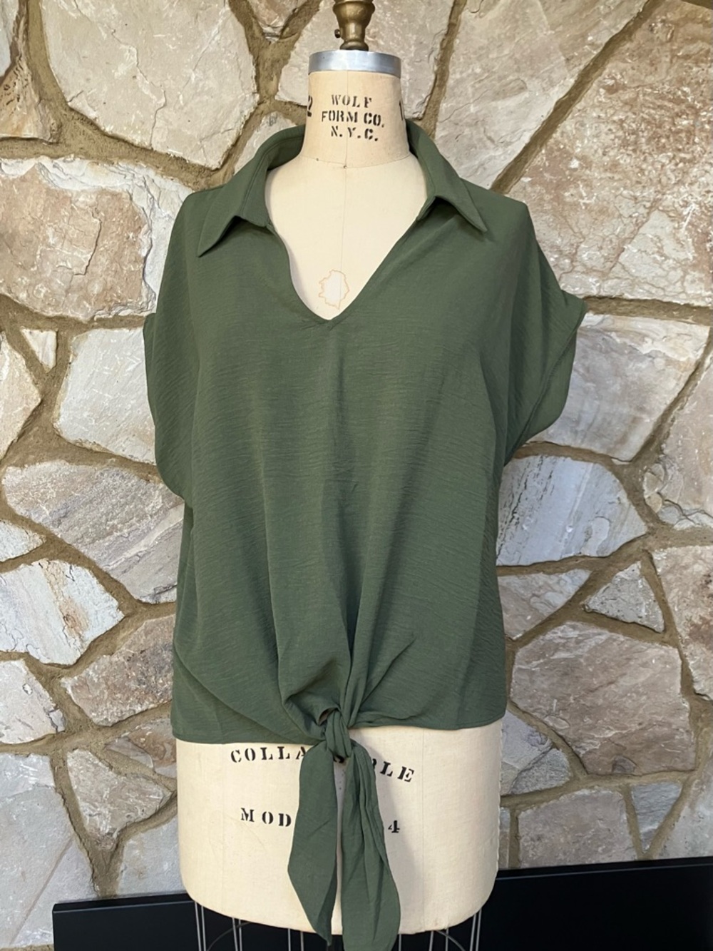 Olivia & Martin Women's Collared Tie-Front Top - Olive Green